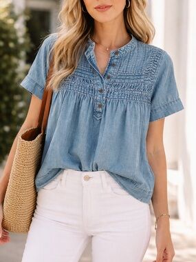 Solitaire Blue Denim Short-Sleeve Smocked Yoke Top